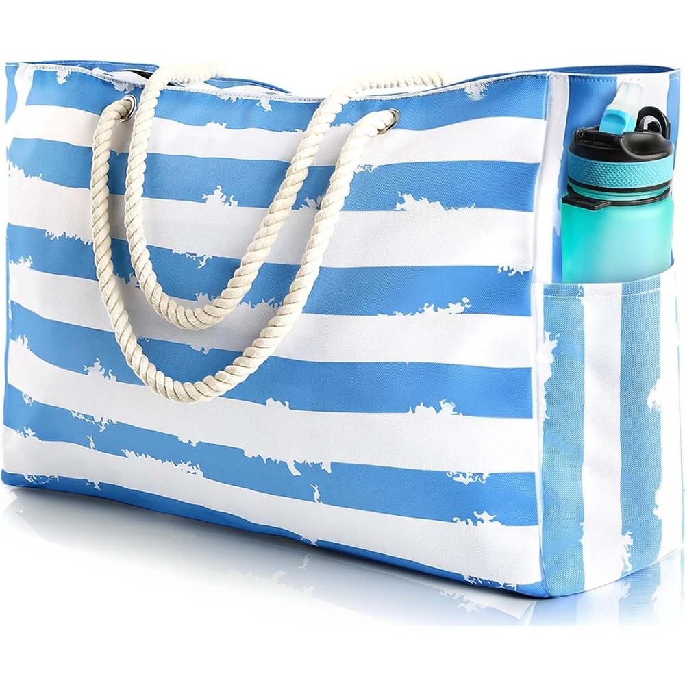 Striped Blue and White Beach Tote Bag